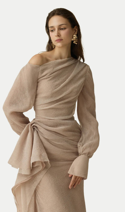 Asymmetric Neck Draped Midi Dress