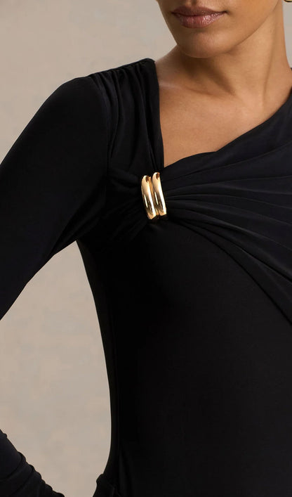Asymmetric-Neck Midi Dress With Embellishment In Black