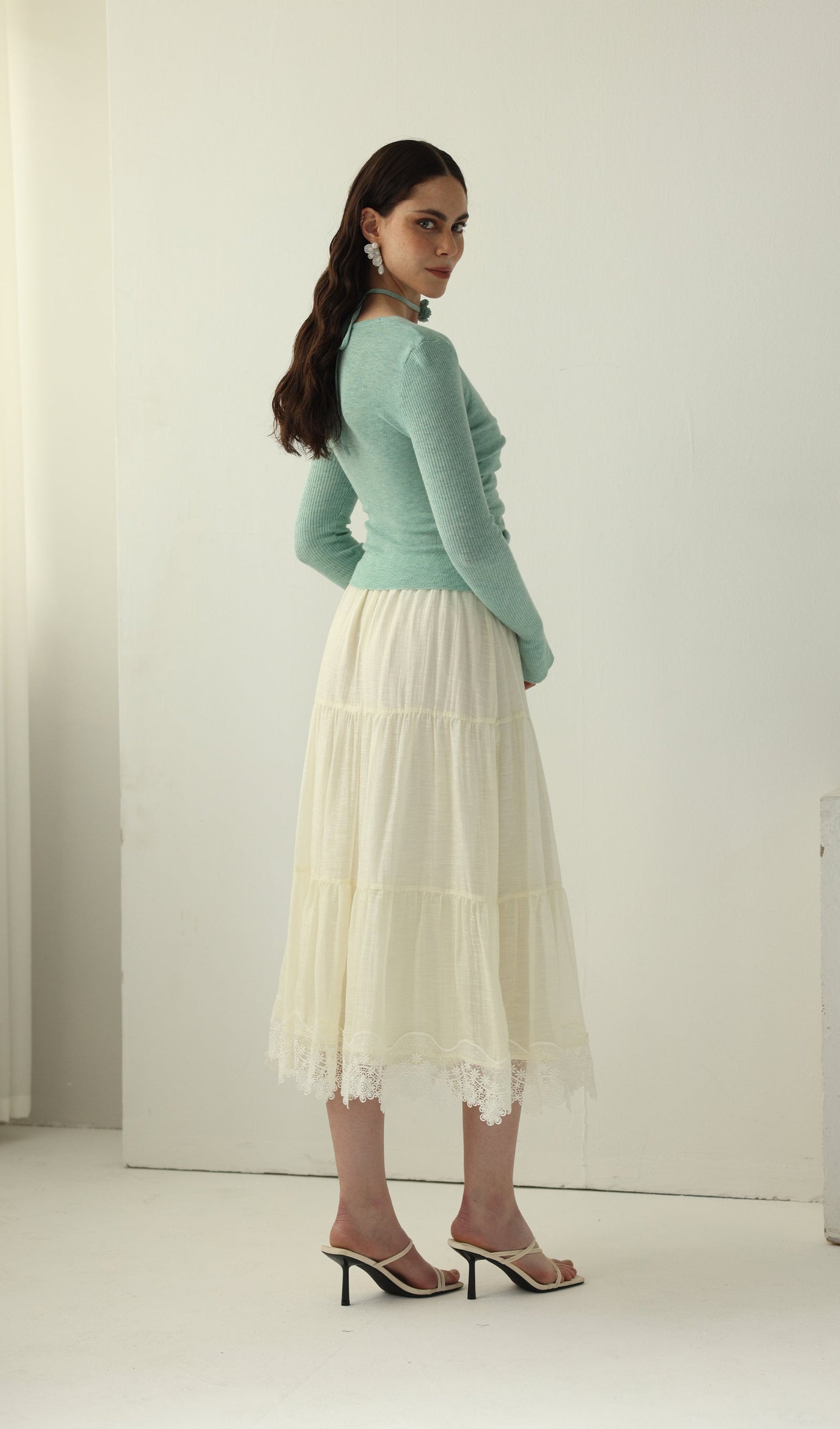 Solid V Neck Ruffled Knit Top