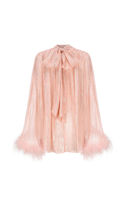 Feather Top & Leather Mini Skirt In Pink
