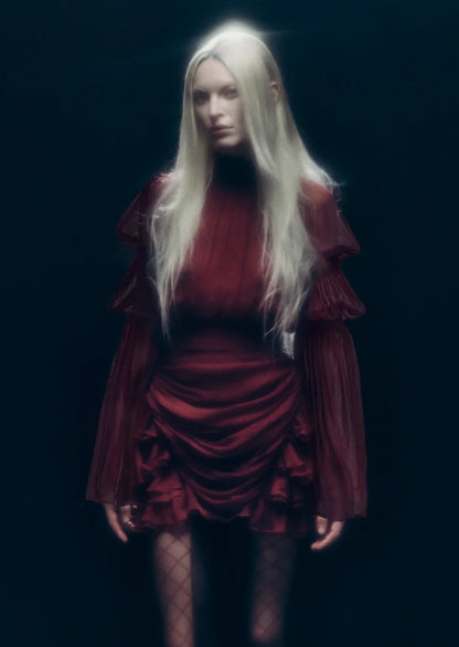 Pleated Silk-Chiffon Slit Mini Dress In Claret