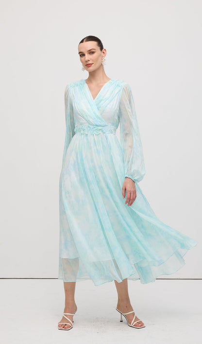 V Neck Ruched Waist Pleated Midi Dress