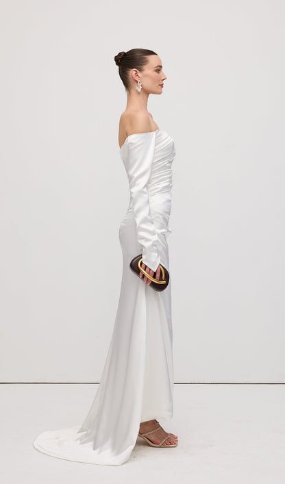 Satin Off Shoulder Ruched Maxi Dress