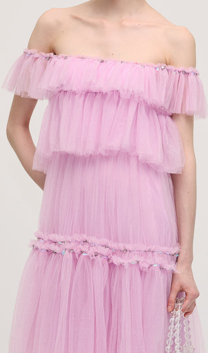 A Line Off Shoulder Layered Midi Dress