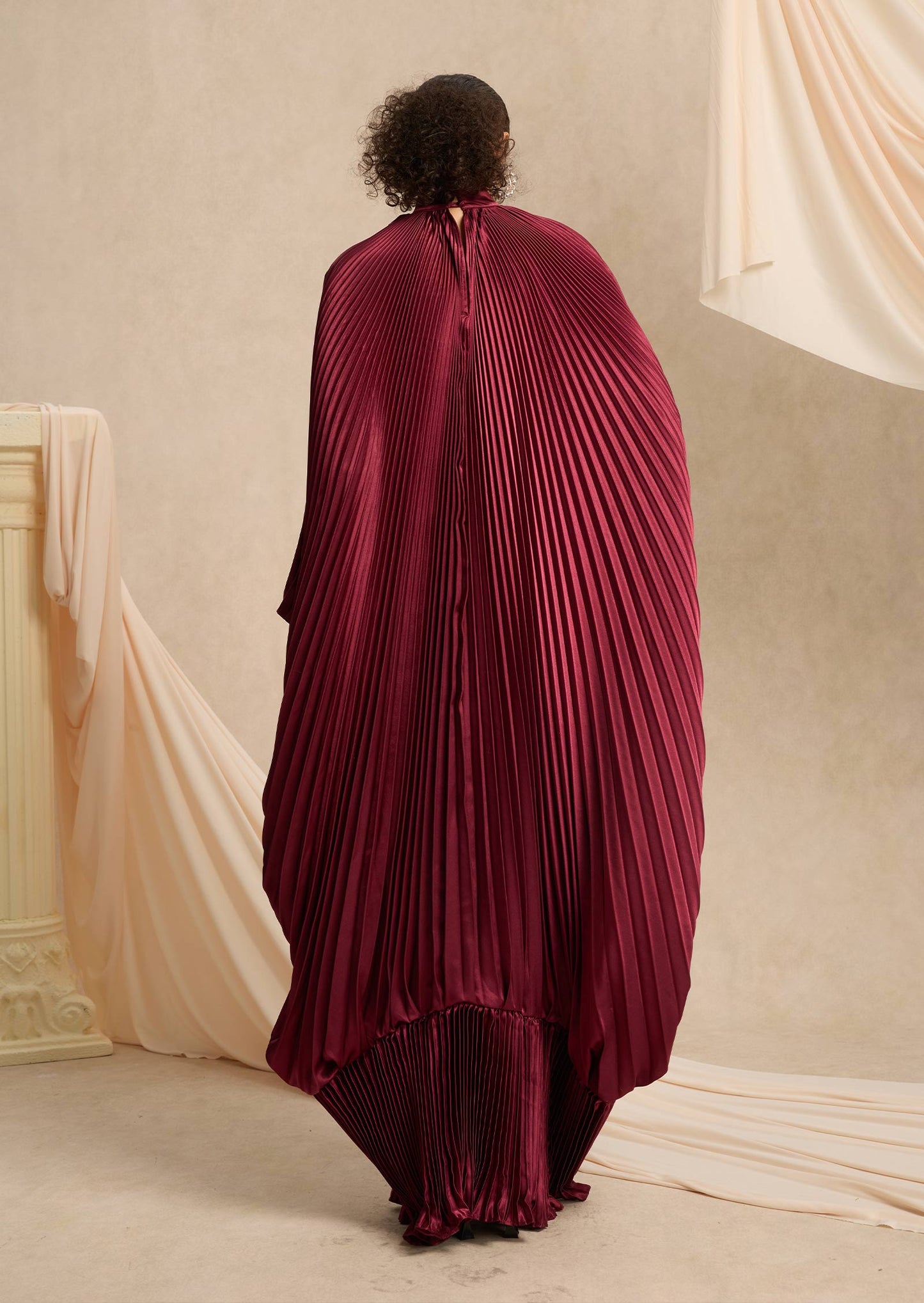 Hiba V Neckline Pleats Ruffled Maxi Dress In Burgundy