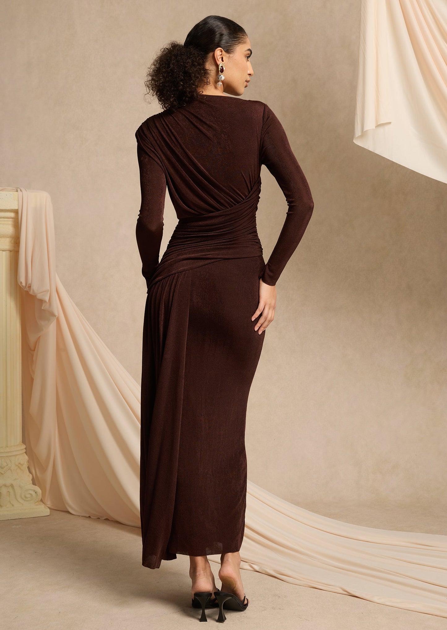 Asymmetrical Maxi Dress With Draped Hip In Brown