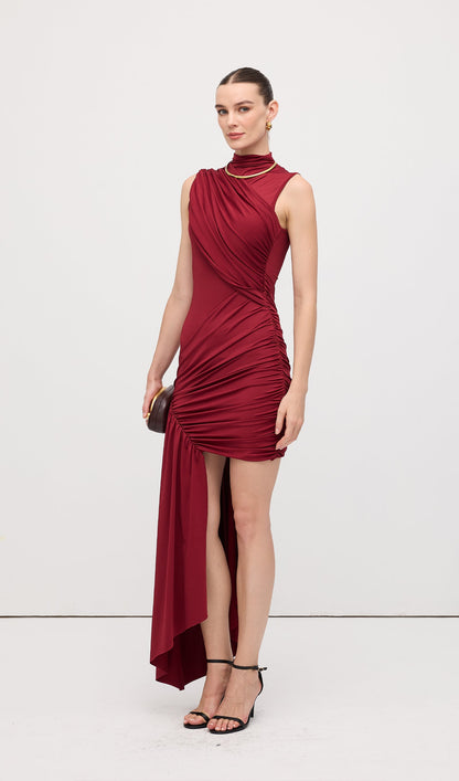 Asymmetrical Draping Mini Dress Claret
