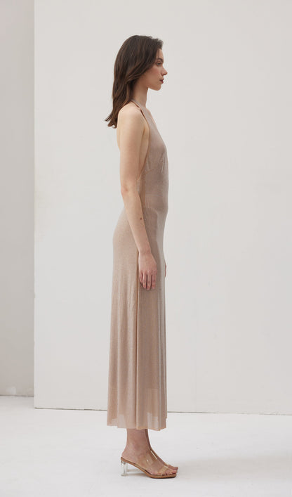 Diamante Halter Midi Dress - Nude