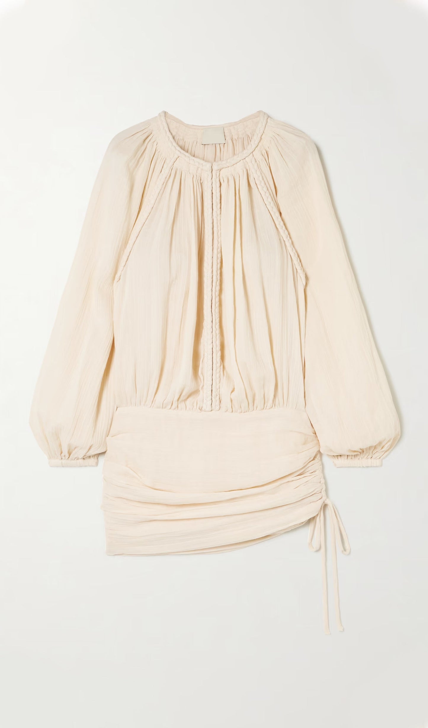 Braided Gathered Cotton Mini Dress In Beige