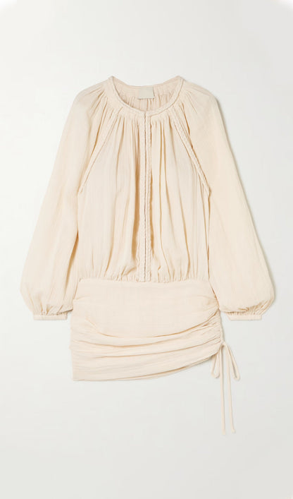 Braided Gathered Cotton Mini Dress In Beige