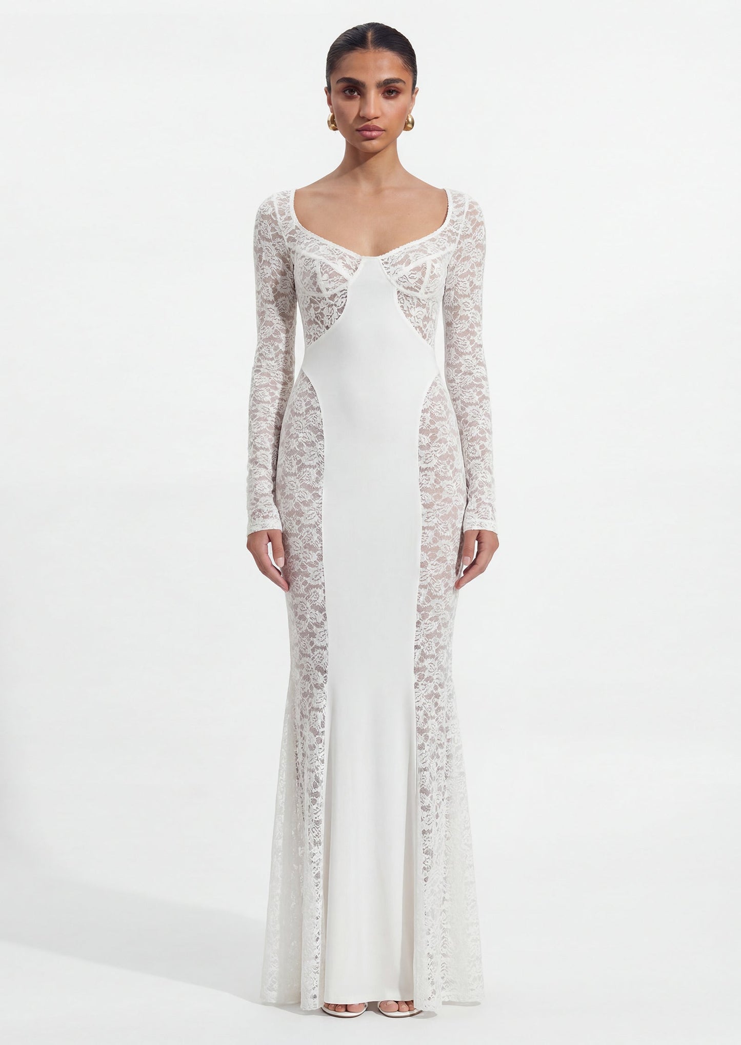 Long Sleeve Lace Panelled Maxi Dress In White