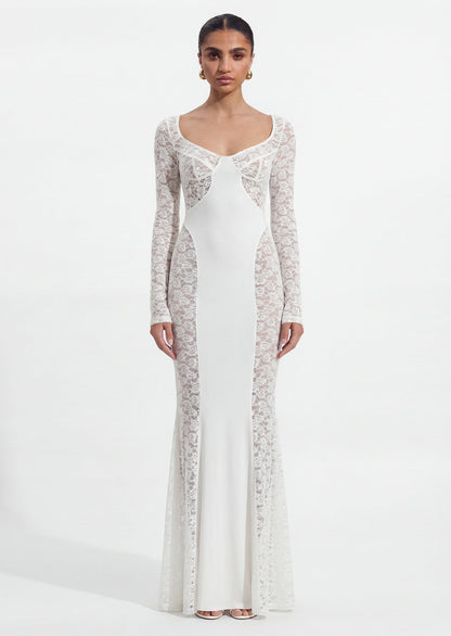 Long Sleeve Lace Panelled Maxi Dress In White