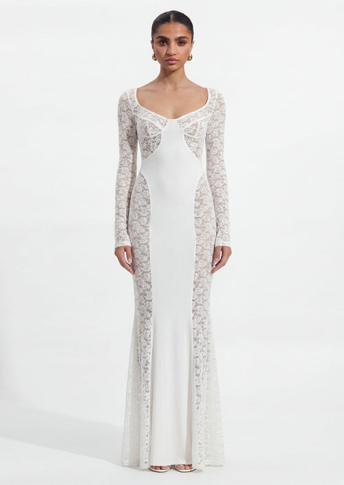 Long Sleeve Lace Panelled Maxi Dress In White
