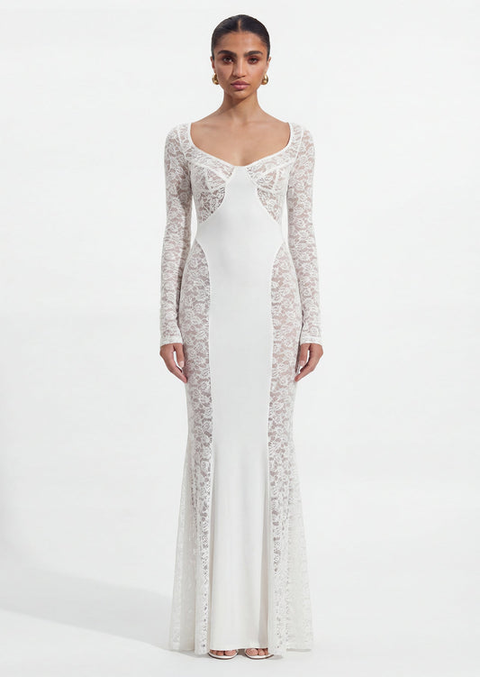 Long Sleeve Lace Panelled Maxi Dress In White