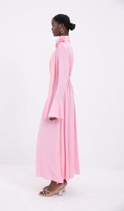 Trendy V-Neck Pleated Slit Maxi Dress-Pink