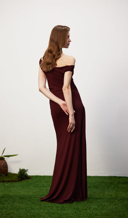 Solid Slinky Fishtail Maxi Dress - Mahogany