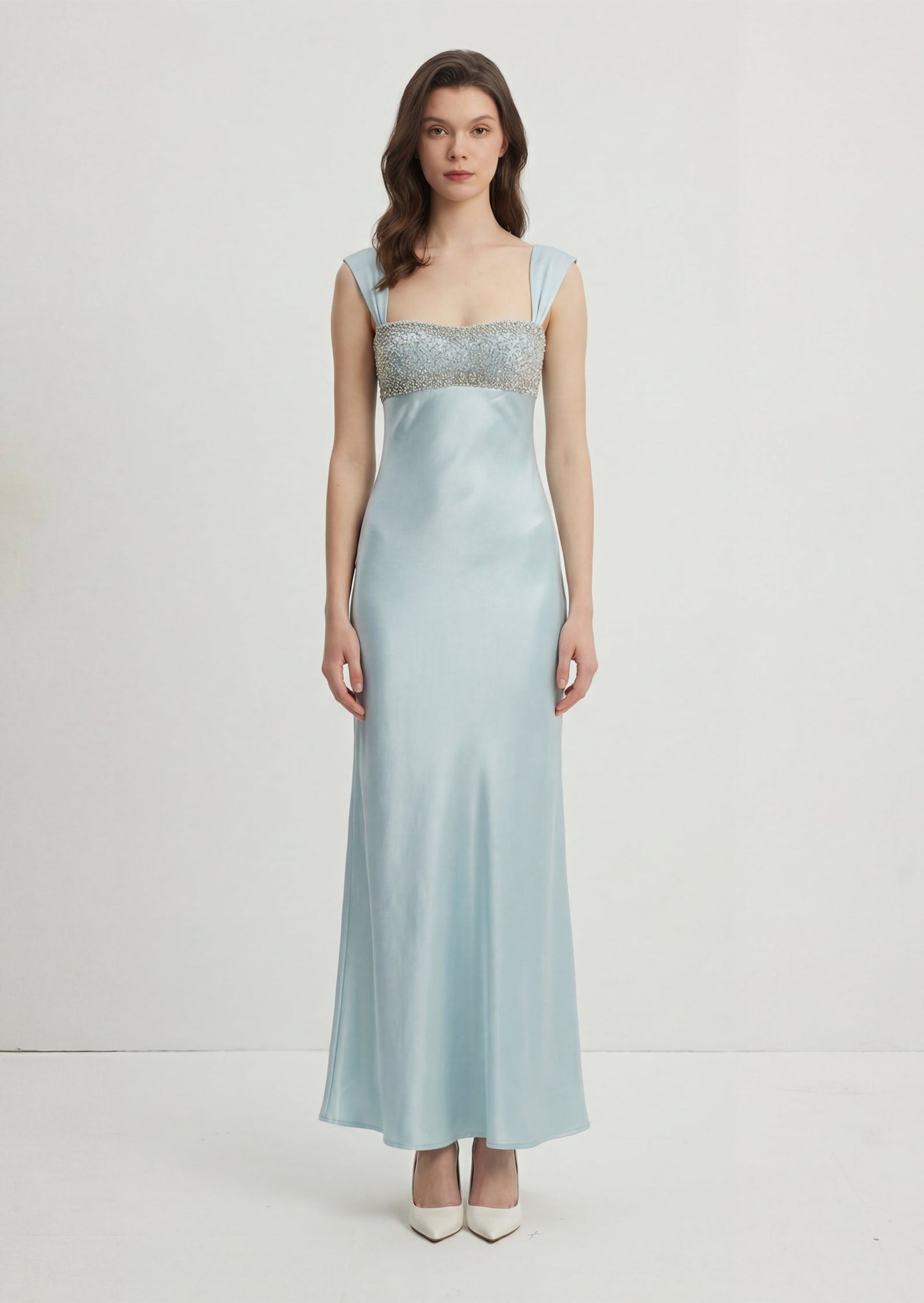 Satin Embellished Maxi Dress In Pale Blue