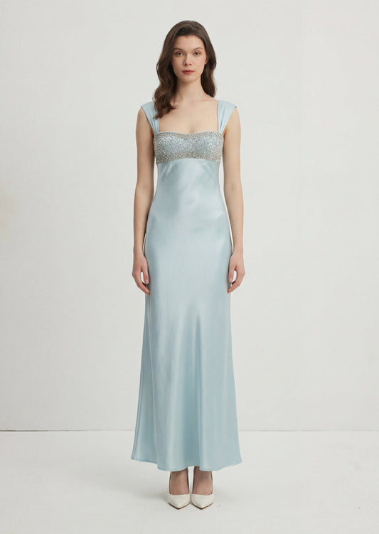 Satin Embellished Maxi Dress In Pale Blue