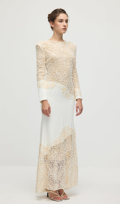 Textured Floral Embroidered Sequined Maxi Dress In Ivory