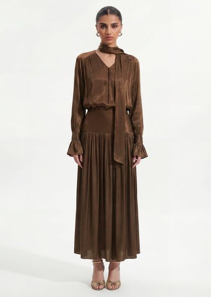 Viscose Midi Dress With Matching Ribbon Scarf In Brown