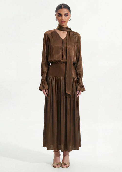 Viscose Midi Dress With Matching Ribbon Scarf In Brown