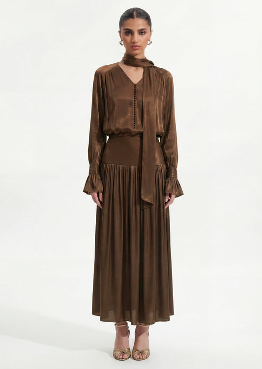 Viscose Midi Dress With Matching Ribbon Scarf In Brown