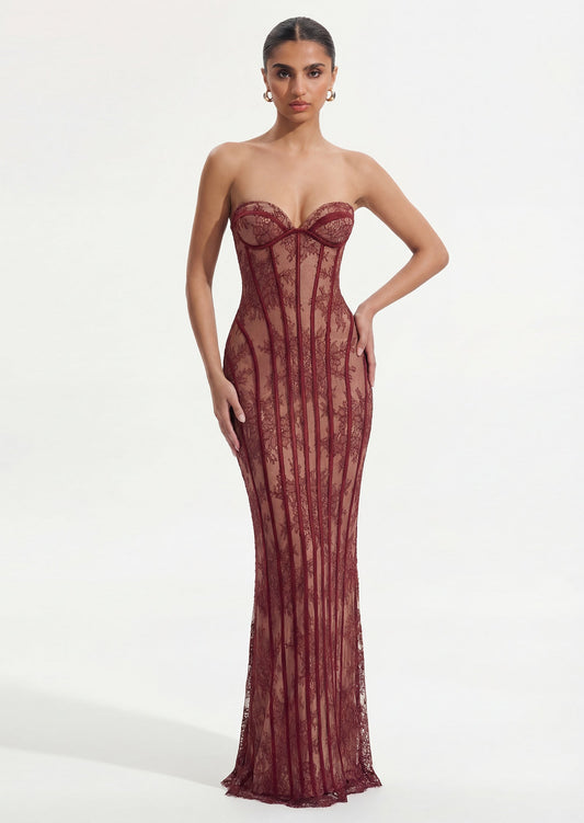 Sian Maxi Dress In Burgundy Floral Lace