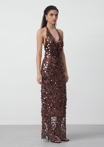 Halter Sequin Fishnet Maxi Dress In Reddish Brown