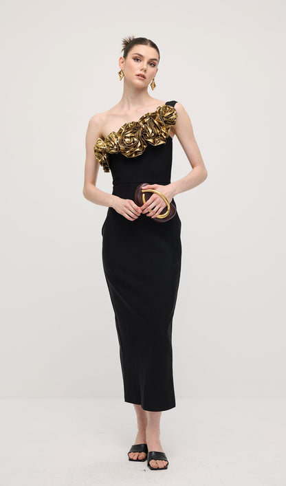 One Shoulder Rose Bodycon Maxi Dress