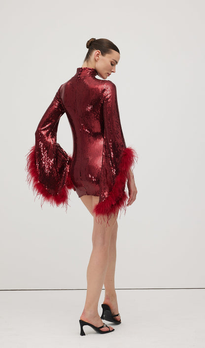 Feather Trimmed Sequined Mini Dress