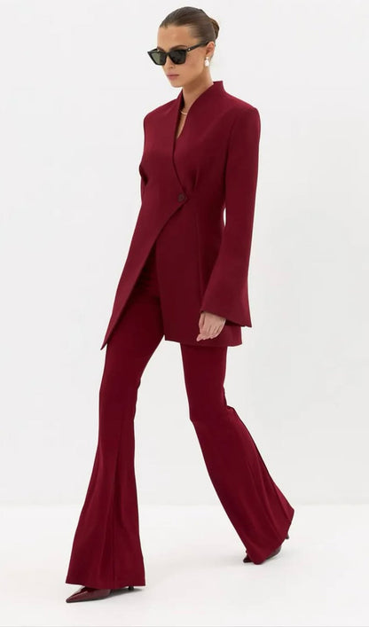 V Neck Long Sleeve Blazer In Claret