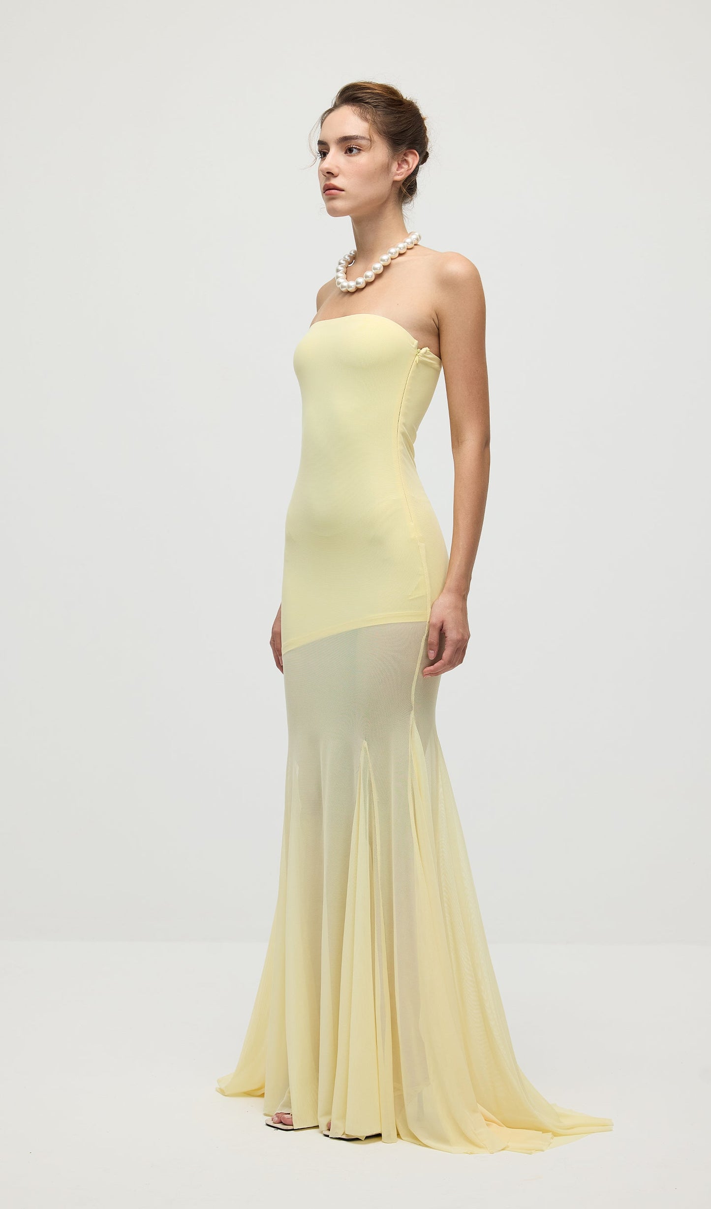 Off Shoulder Jersey With Mesh Maxi Dress In Yellow