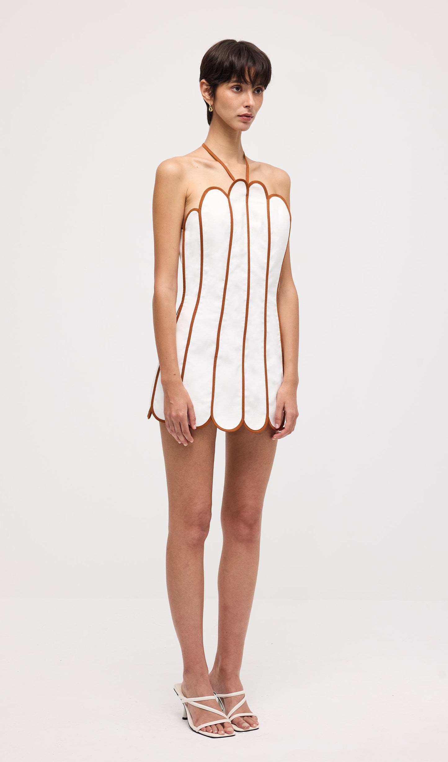 Scalloped Panelled Linen Halter Mini Dress