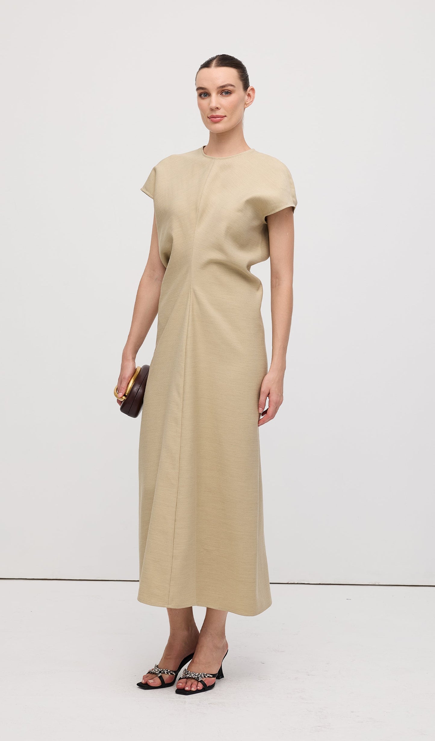 Slouch Waist  Midi Dress-Green