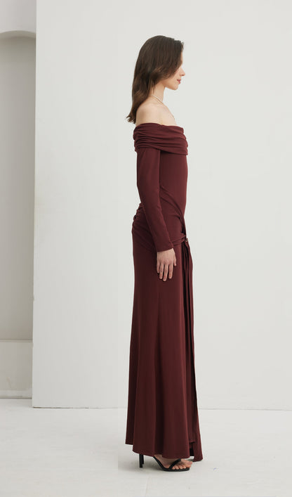 Off Shoulder Ruffle Maxi Dress Reddish Brown
