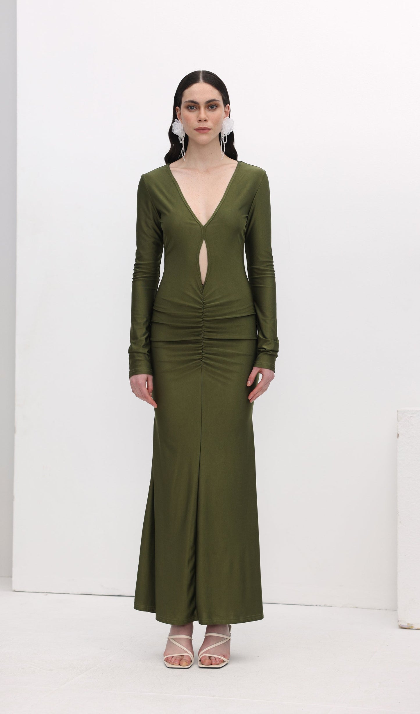 V Neck Ruched Maxi Dress