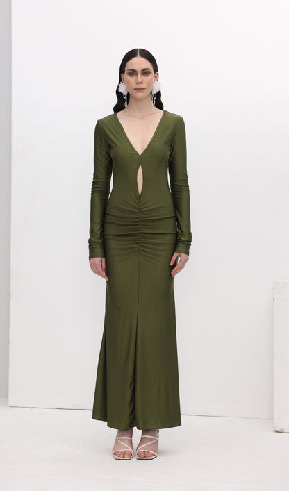 V Neck Ruched Maxi Dress