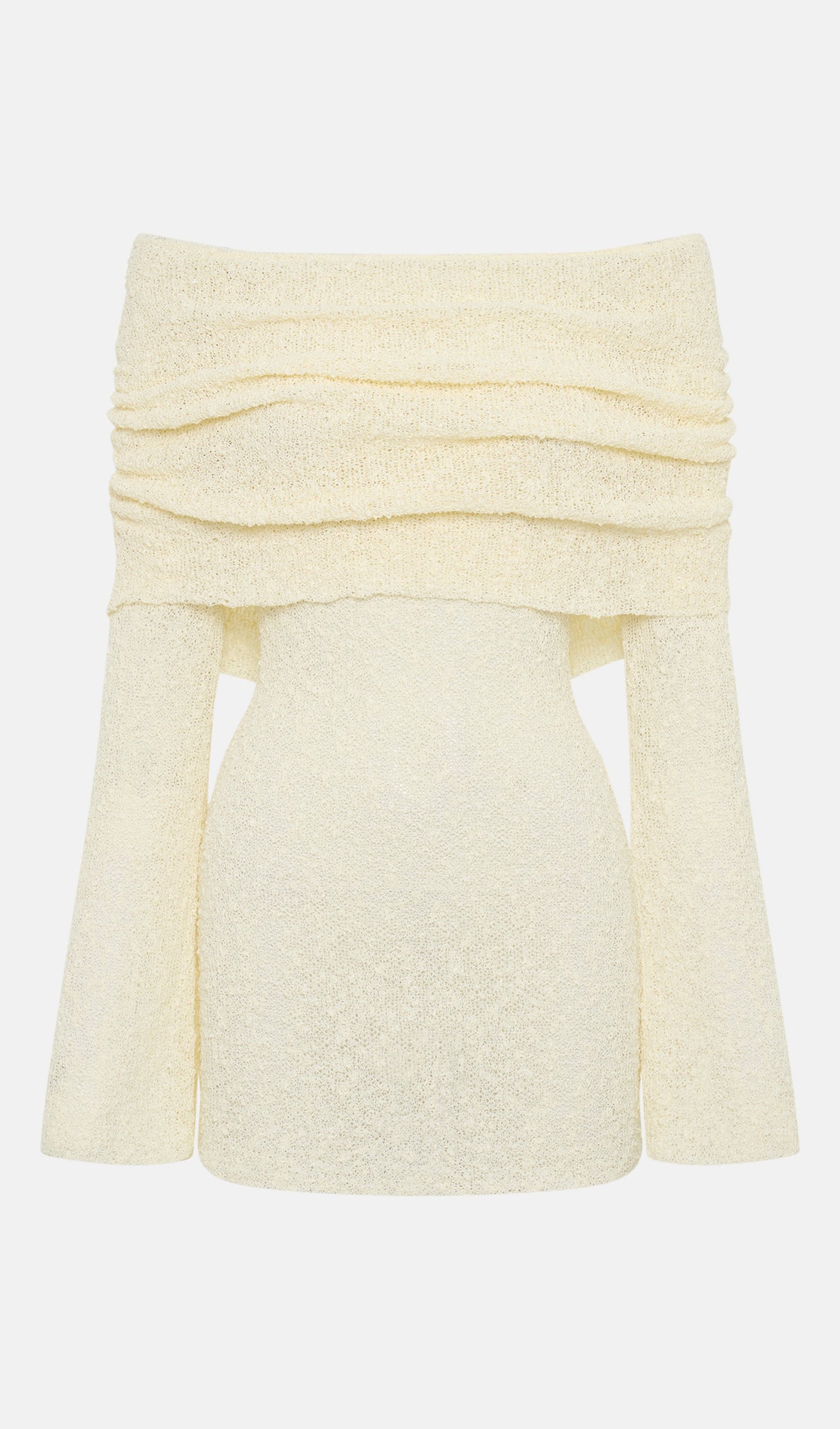 Off Shoulder Boucle Knit Mini Dress In Ivory