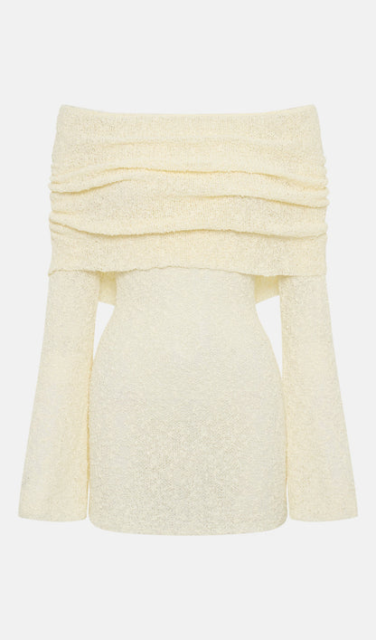 Off Shoulder Boucle Knit Mini Dress In Ivory