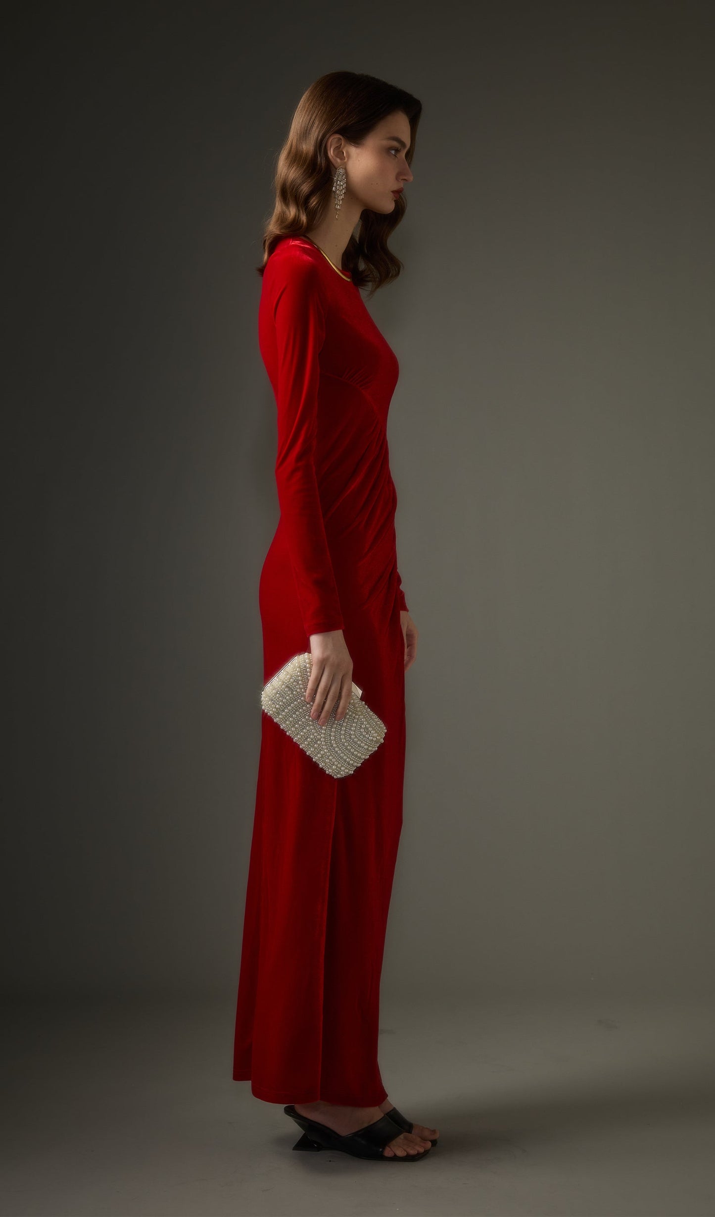 Long Sleeved Gathers  Maxi Dress In Red