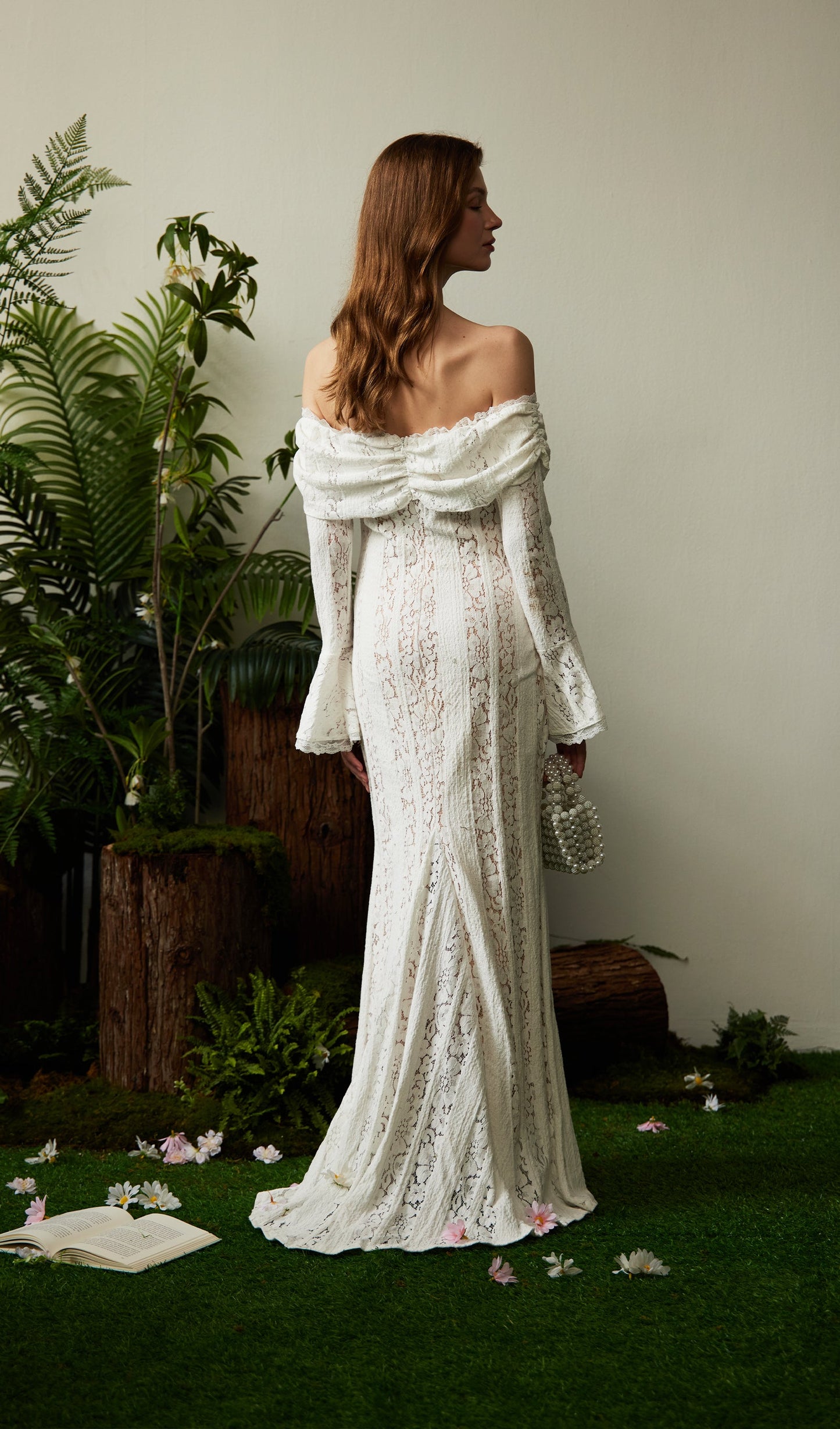 Vintage Floral Lace Off Shoulder Maxi Dress
