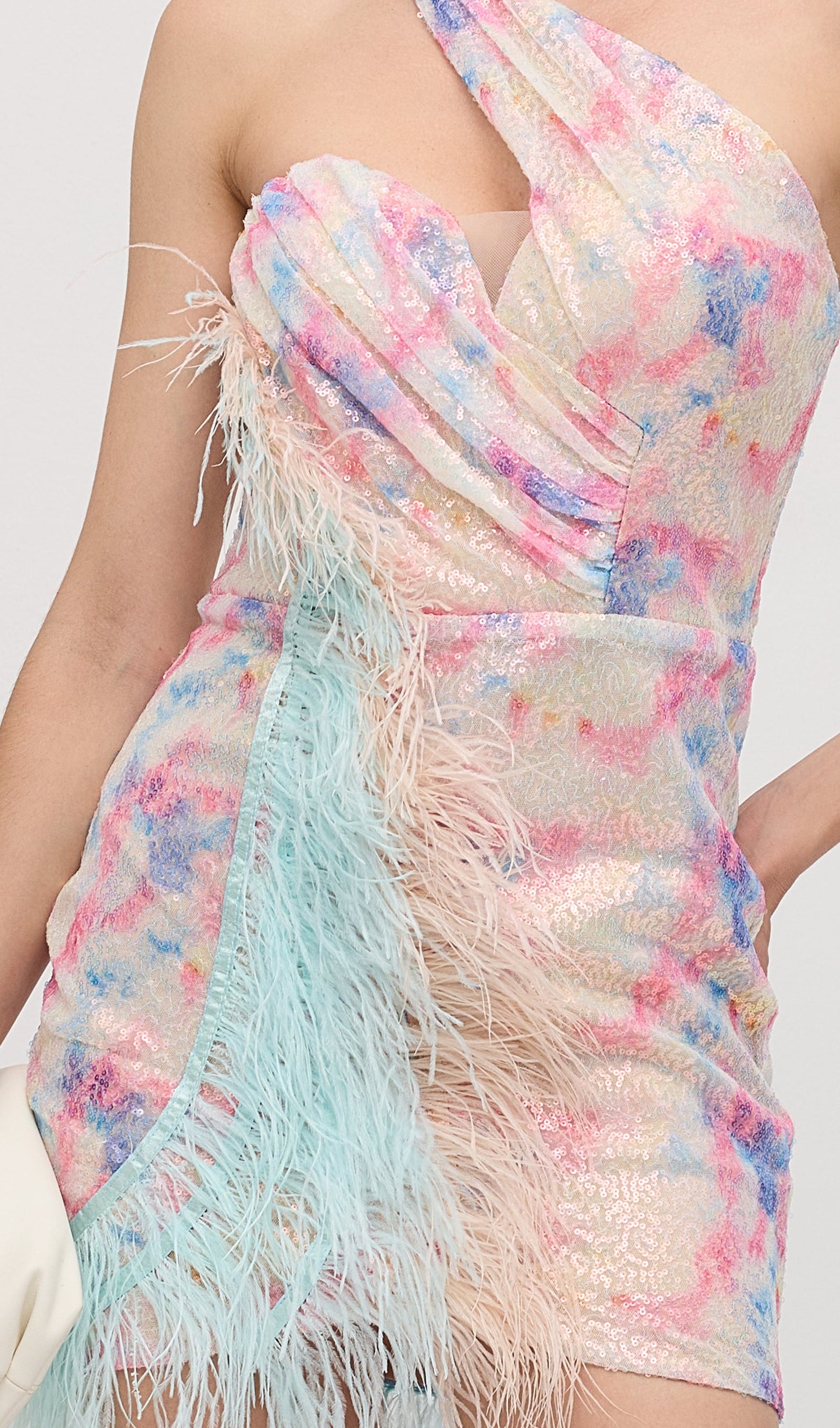 Asymmetric Sequined With Feathers Mini Dress