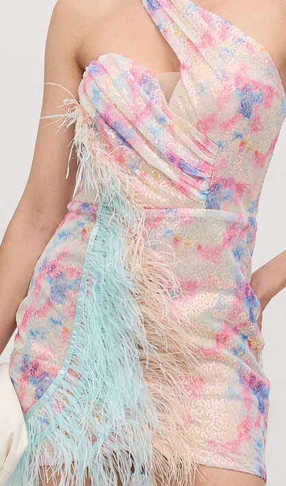 Asymmetric Sequined With Feathers Mini Dress