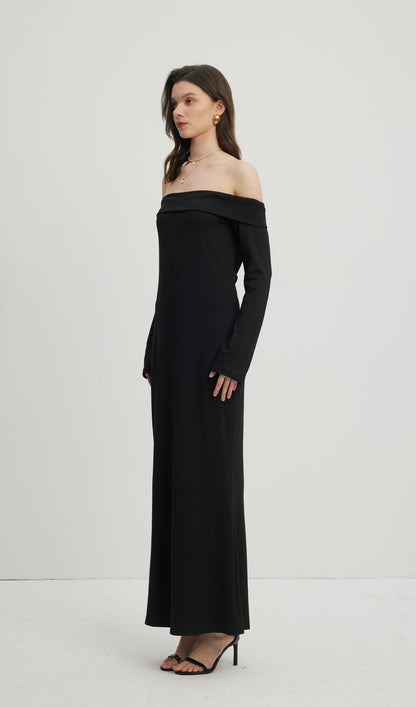 Maida Folded Neckline Maxi Dress Black