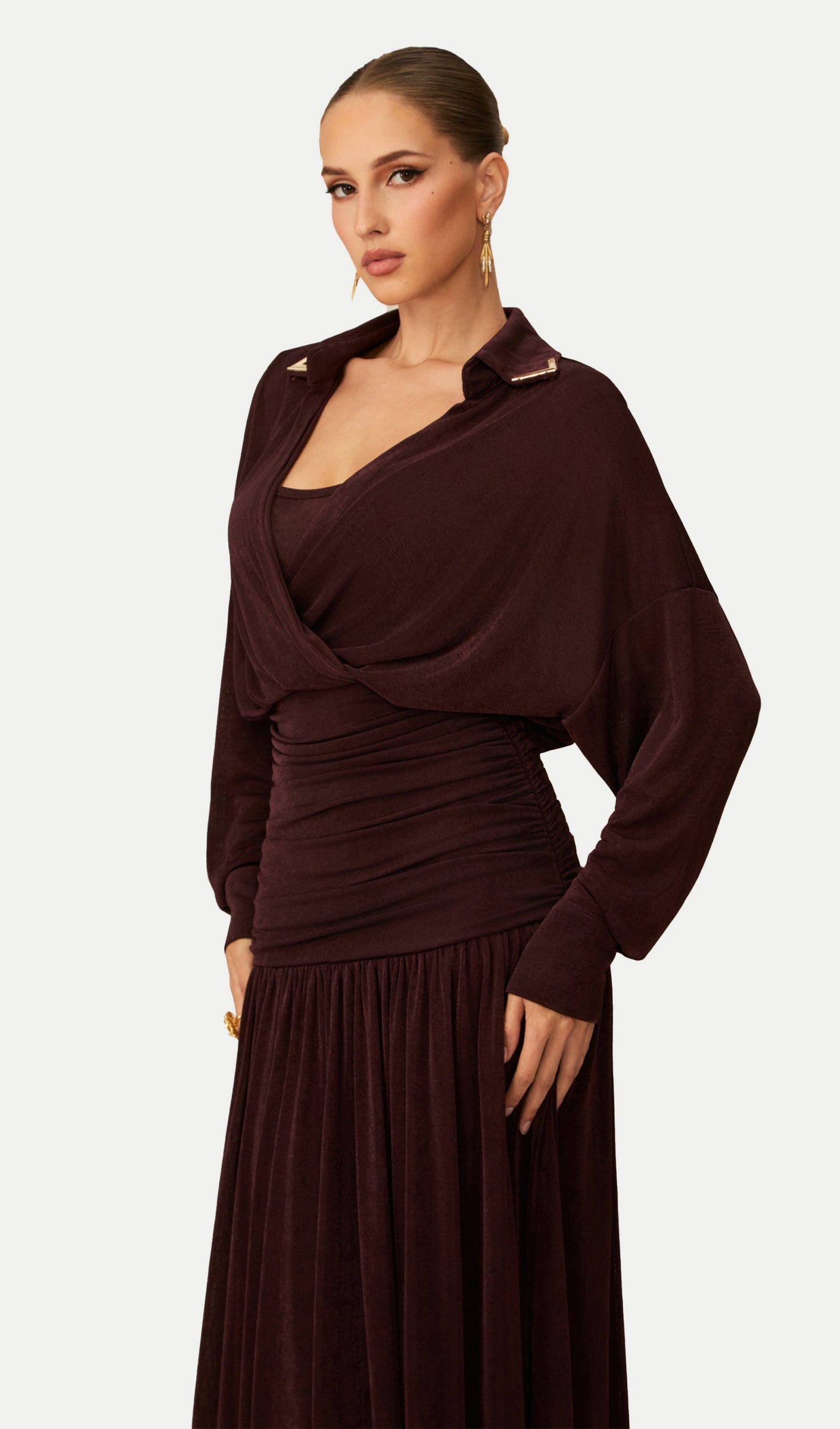V Neck Ruched Waist Maxi Dress
