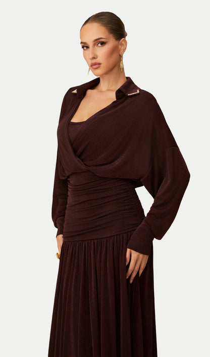 V Neck Ruched Waist Maxi Dress
