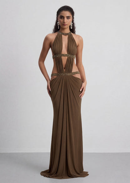 Open Back Cut Out Maxi Dress In Moss