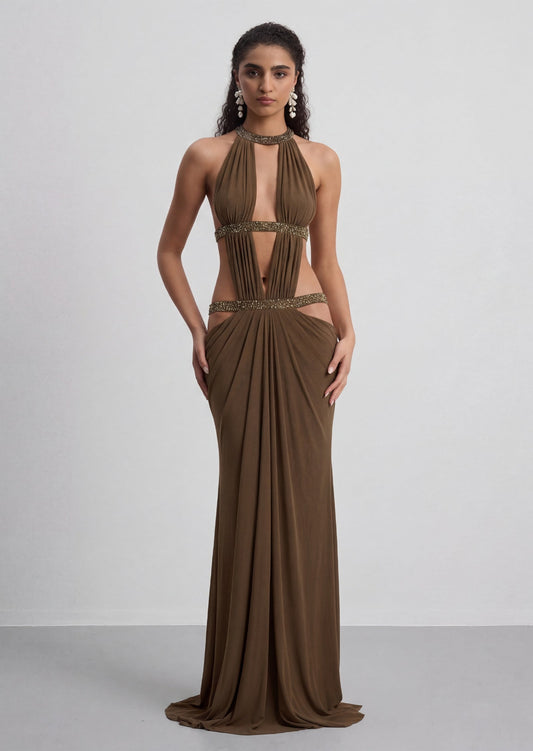 Open Back Cut Out Maxi Dress In Moss