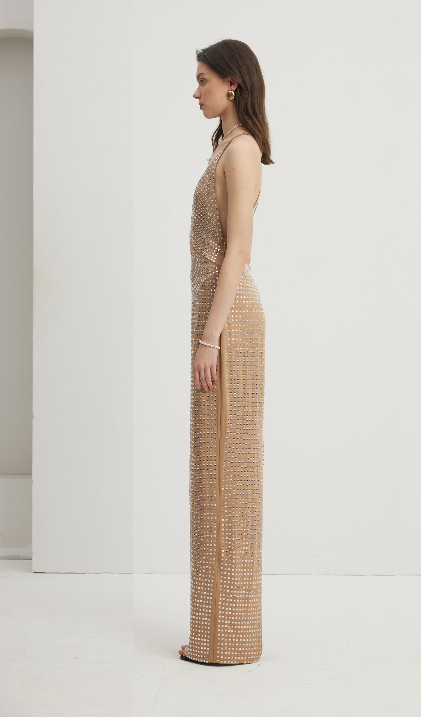 Embellished Cut-Out Maxi Dress Nude
