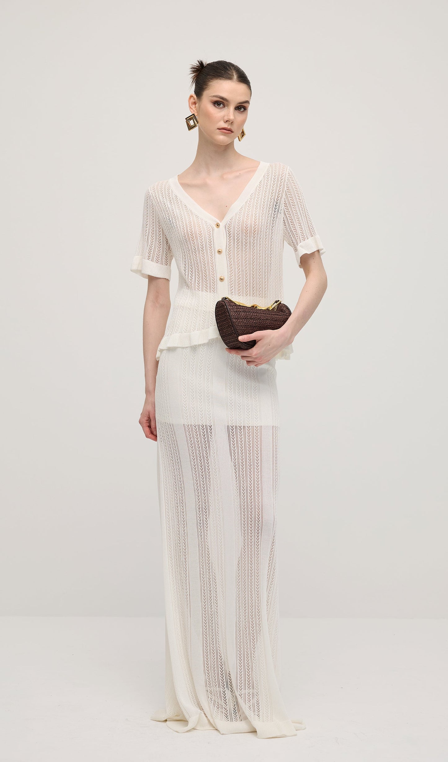 Openwork Jersey Maxi Skirt Sets In White